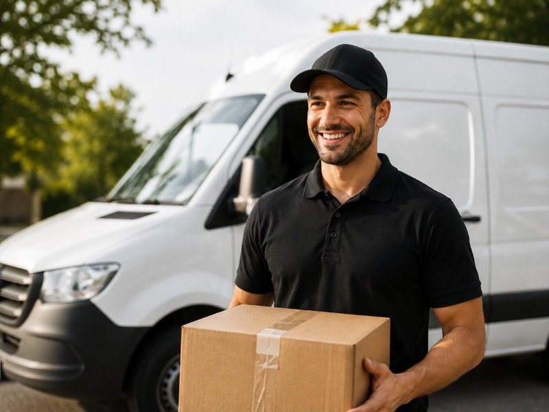 Delivery courier carrying a parcel in front of a van
