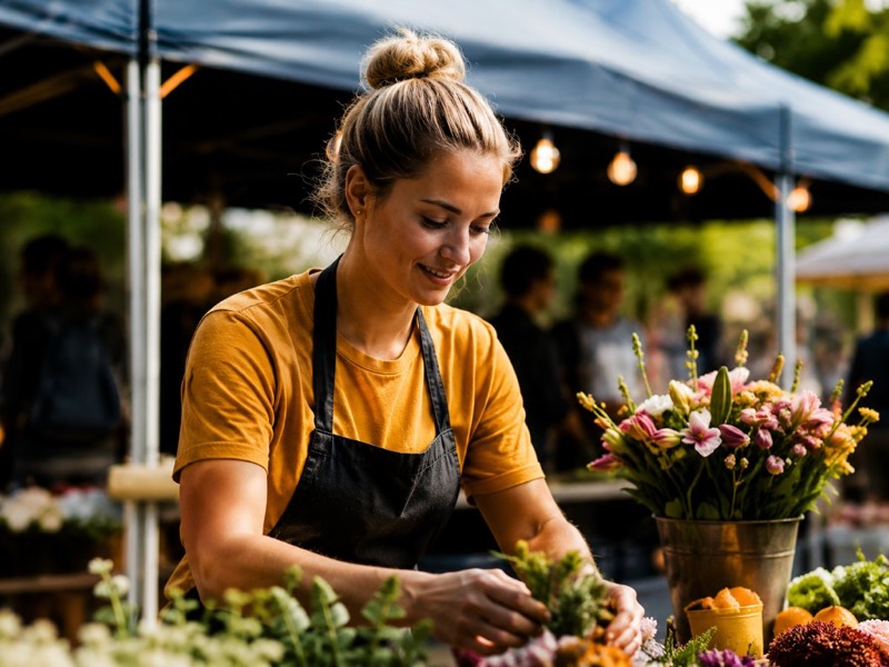 Stall holder arranging flowers at an outdoor market