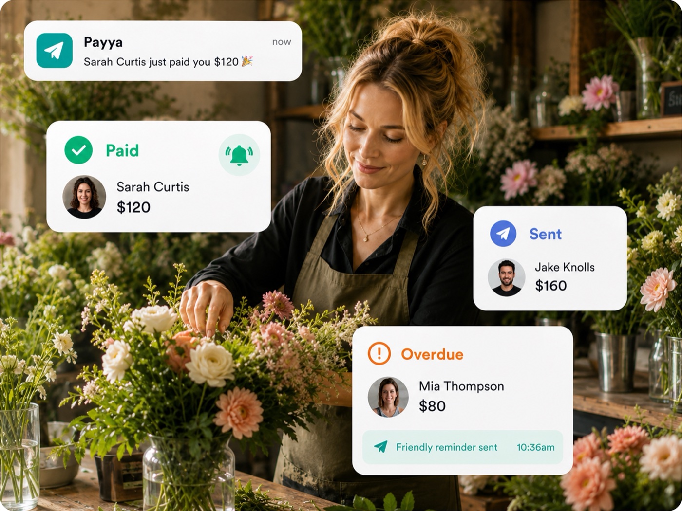 A florist arranging flowers in her shop, with Payya payment-status cards showing Sarah Curtis paid $120, Jake Knolls sent $160, and an overdue $80 from Mia Thompson with a friendly reminder sent
